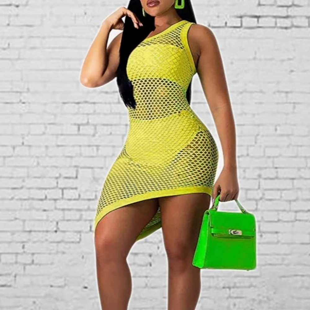 Allasfun Sexy Fishnet Mesh One Shoulder Midi Dress in Yellow  Size L